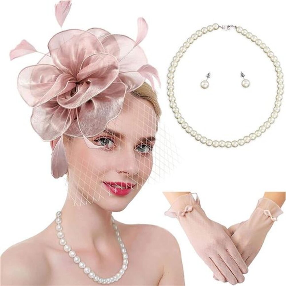 Fascinator Hats with Lace Gloves Set for Women Tea Party Cocktail Wedding